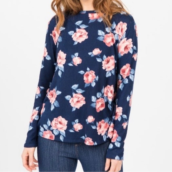 NWT Agnes & Dora Cross Over Floral Print Sweater in Navy & Blush - Picture 3 of 7